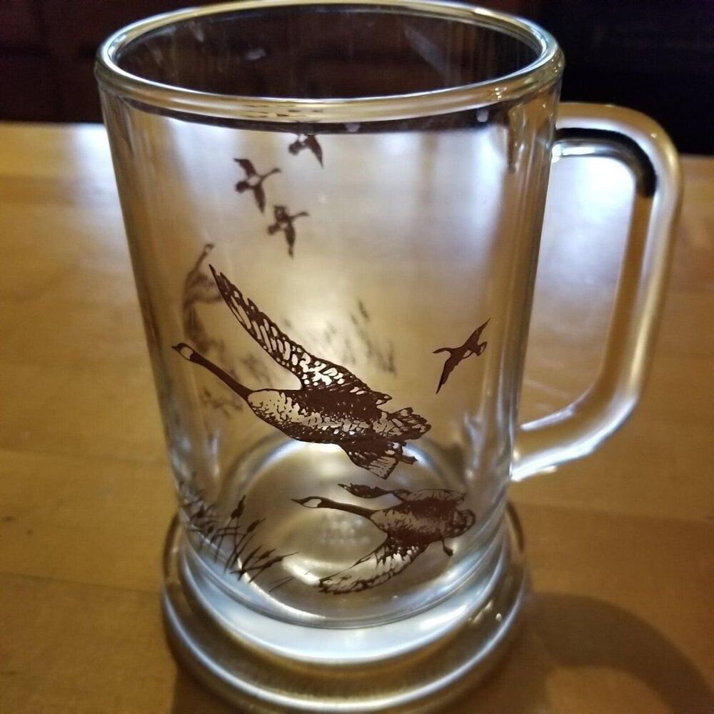 Vintage 80s Avon Clear Glass Brown Canadian Geese Beer Stein Mug